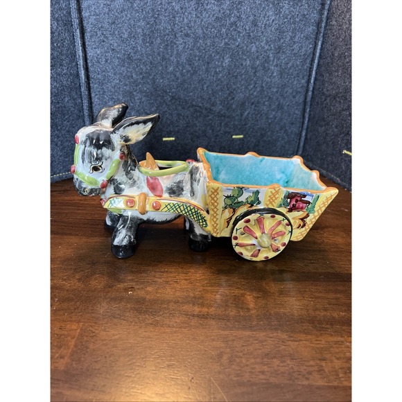 Vintage‎ RARE ITALY Pottery Double Donkey Cart Wagon MCM Hand Painted LARGE 11